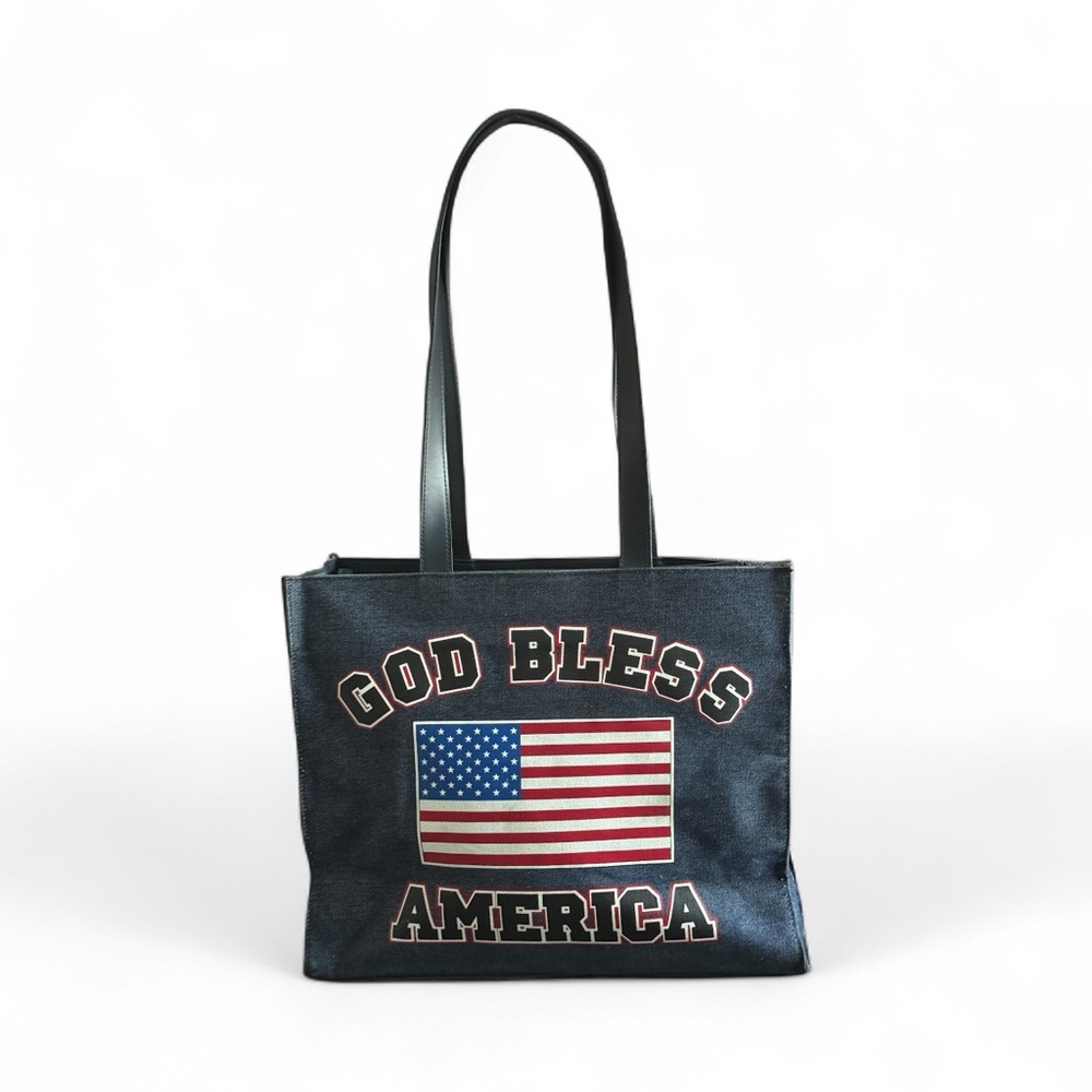 Unbranded Blue denim Tote Bag American Flag “God Bless America “Design Zip closu